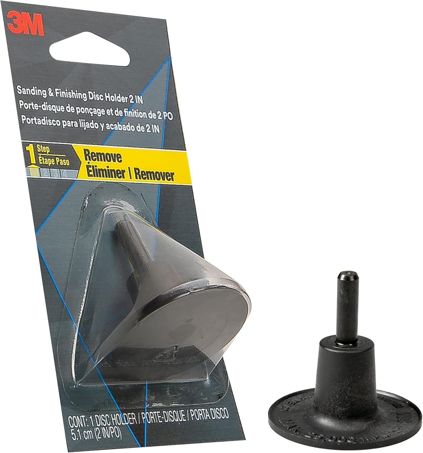 3M 03051 2-inch Disc Holder removed from its packaging, displayed next to the empty blister pack.