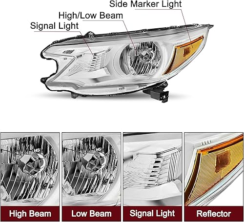 Miniatura 3 de JSBOYAT Reemplazo del conjunto de faros delanteros para Honda CR-V 2012-2014, lámpara halógena, carcasa cromada con reflector ámbar 33100T0AA01