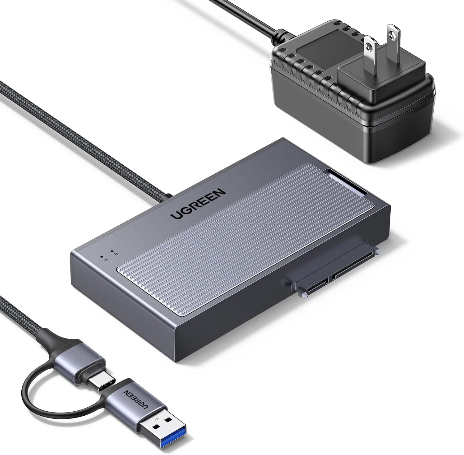 UGREEN 2 in 1 M.2 NVMe SSD Enclosure and SATA Hard Drive Adater, 10Gbps External Hard Drive Reader Compatible with for 2230/2242/2260/2280 (M Key&M+B Key) and 2.5"/3.5" SATA with 12V/2A Adapter