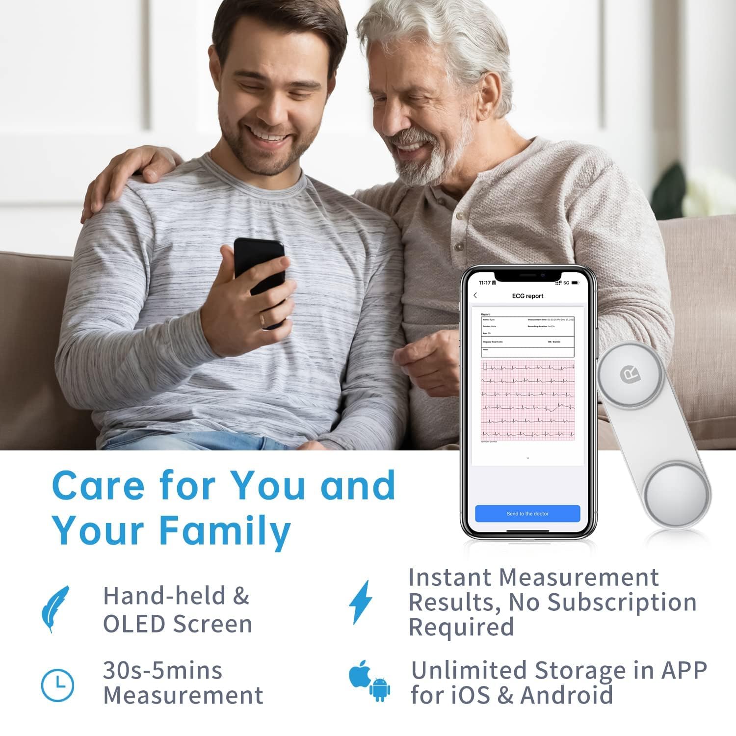 Wellue Mobiles EKG Gerät für Zuhause, Wireless Tragbarer EKG Gerät mit kleinem OLED Display, 30s - 5 Min Überwachung, Herzfrequenz & EKG Messung, kompatibel mit iOS & Android