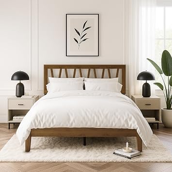 HOME DESIGN Gadsden Queen Wood Panel Bed Frame, Brown | Arched V-Design Headboard, Solid Wood Frame, Supportive Bed Design, Box Spring Required, Easy Assembly