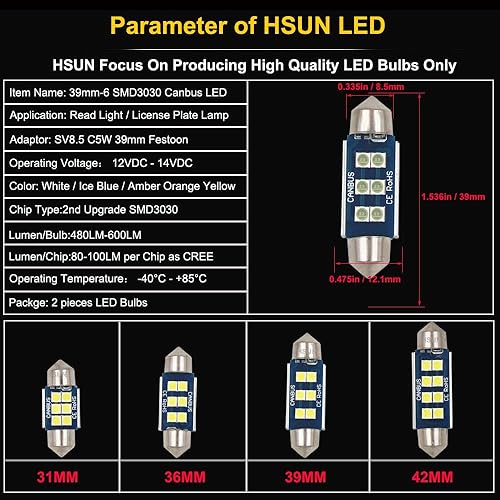 Miniatura 5 de Bombilla LED Festoon C5W de 1.535 in, bombillas LED Canbus sin errores de 12 V-14 V con chip 6LED SMD3030 para interior de automóvil, cúpula de
