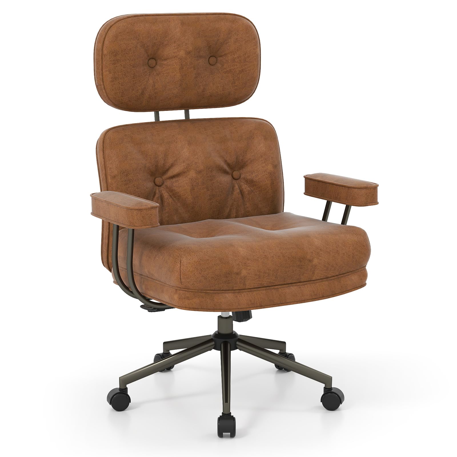 COSTWAY Home Office Chair, Mid Century Modern PU/Suede Fabric Computer Desk Chair with Wide Seat, Adjustable High Back and Armrests, Upholstered Executive Rolling Swivel Task Chair (Brown, Suede)