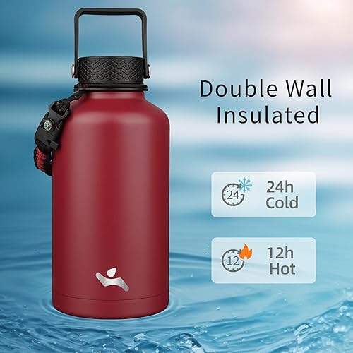 Miniatura 2 de Botella de agua aislada de medio galón con popote, jarra de agua de 64 onzas con 3 tapas con bolsa de transporte, mango de paracaídas, frasco de