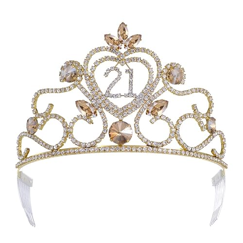 Tiara de corona de 21 cumpleaños JEHEHUBO para mujer tiaras de 21 cumpleaños coronas de metal dorado con diamantes de imitación de cristal 21