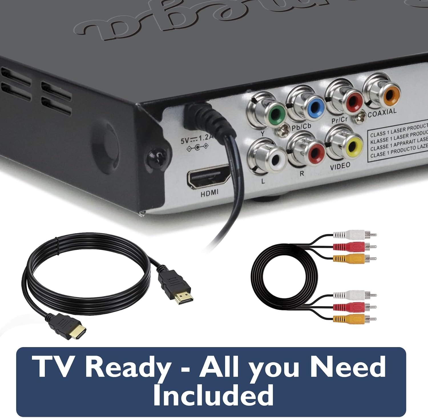 Bag view of the Lemega PlayHD DVD Player showing HDMI, RCA, and power input ports.