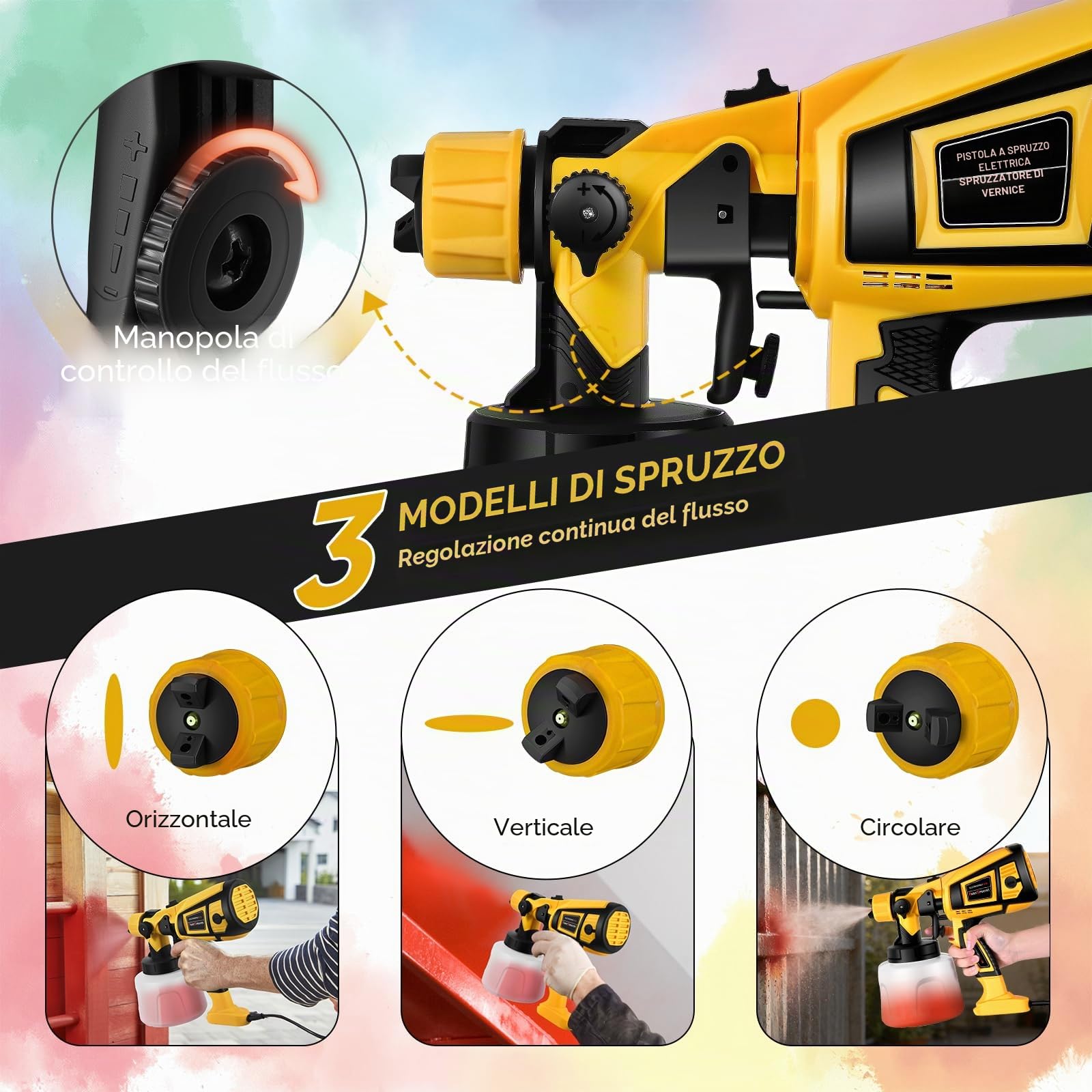 Pistola a Spruzzo,1400ml 800W HVLP Pistola a Spruzzo per Verniciare da 5 Ugelli e 3 Modalità,Capacità pistola a spruzzo elettrica, Per Vernici & Pareti & Interni ed Esterni（Giallo）