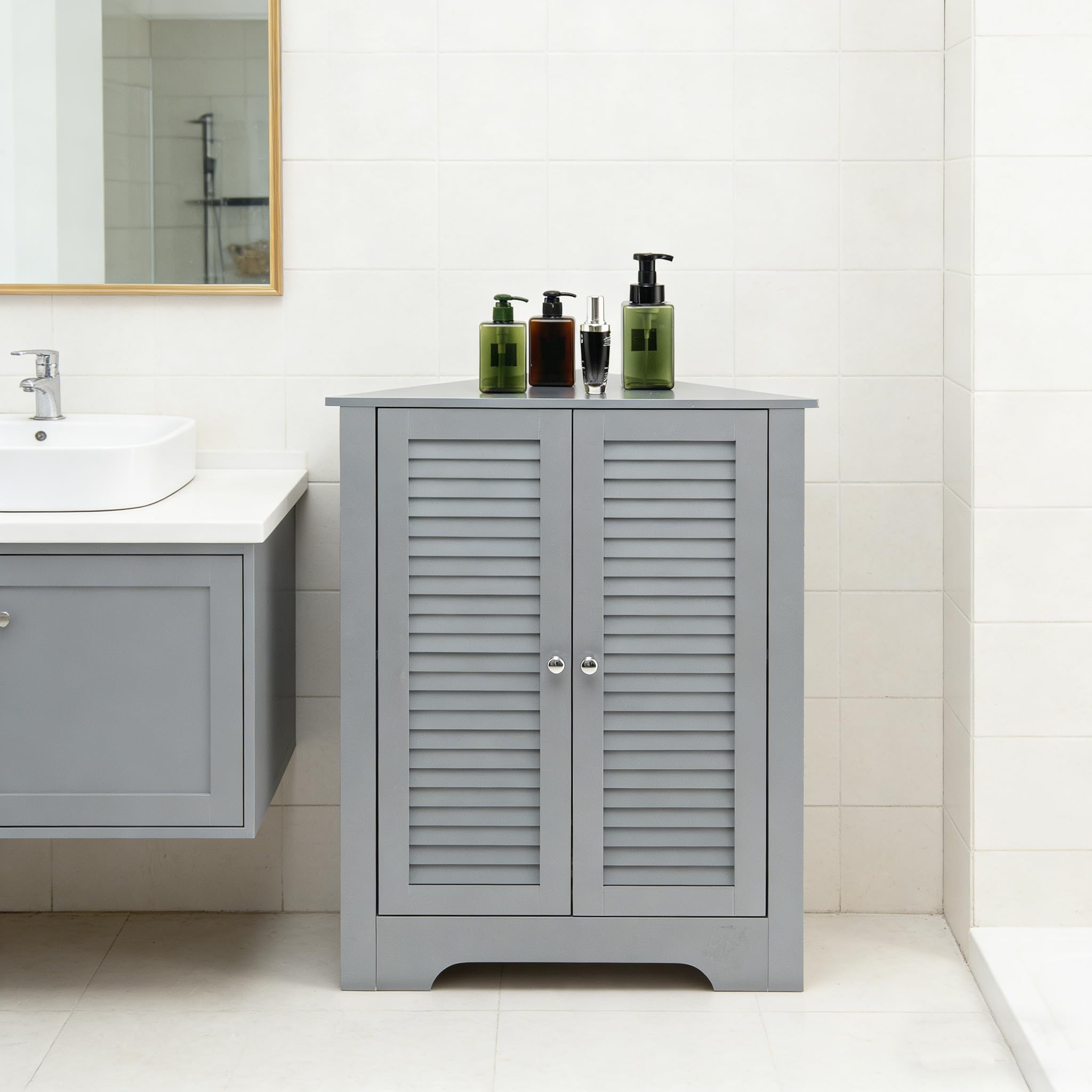 LIFEZEAL Eckschrank Bad, Badezimmerschrank mit Türen, Badschrank mit Verstellbarer Ablage, Unterschrank Beistellschrank für Badezimmer, Küche, Wohnzimmer (Grau)