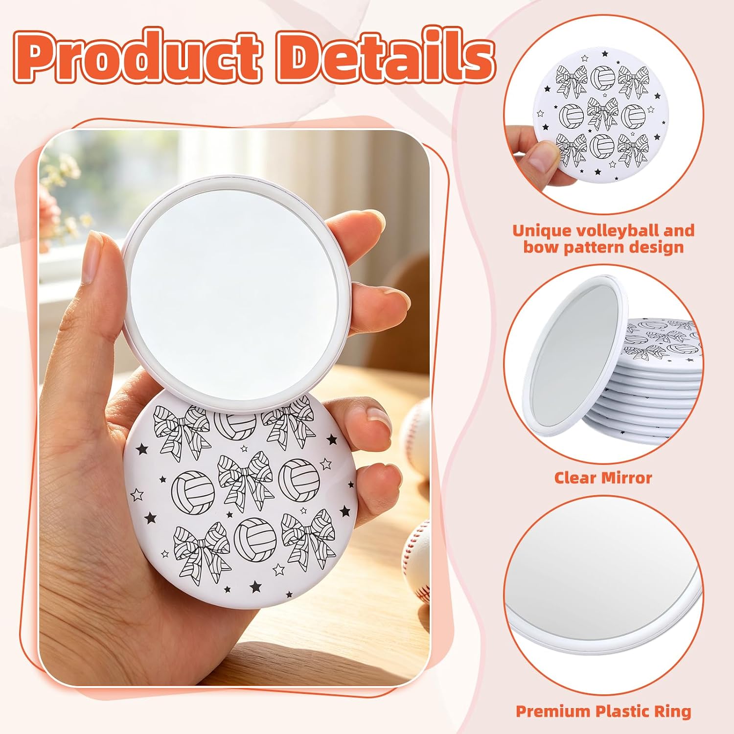 24 Pcs Volleyball Coquette Bow Compact Mirrors Volleyball Gifts for Team Sports Makeup Mirror for Volleyball Players Girls Coach End of Season Tournament Team Favor Gifts Goodie Bag Stuffers