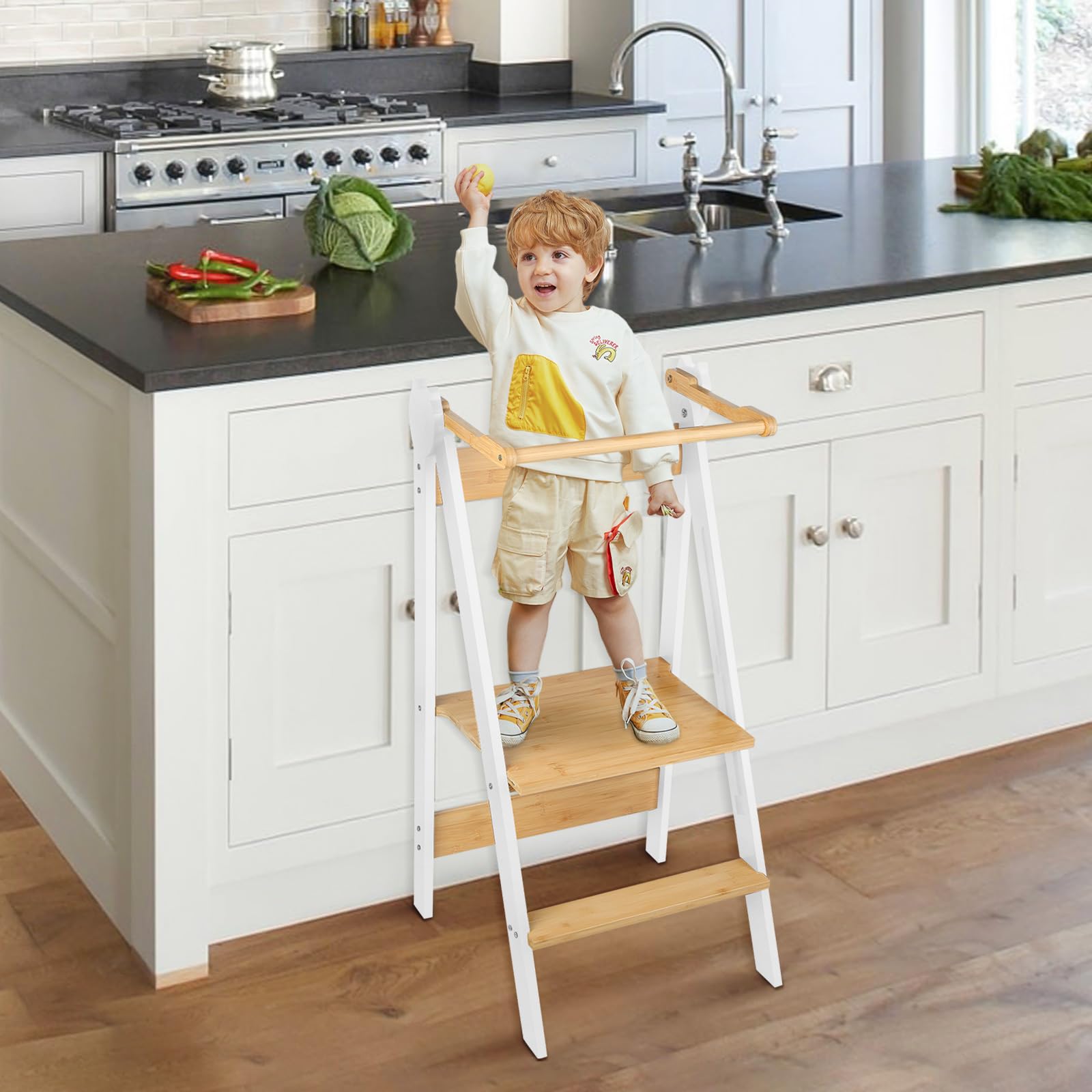 Tour di osservazione pieghevole per bambini in legno, tour di apprendimento da 12 mesi, tour di osservazione sicura, regolabile in altezza, 3 livelli, 42 x 53 x 88 cm (bianco)