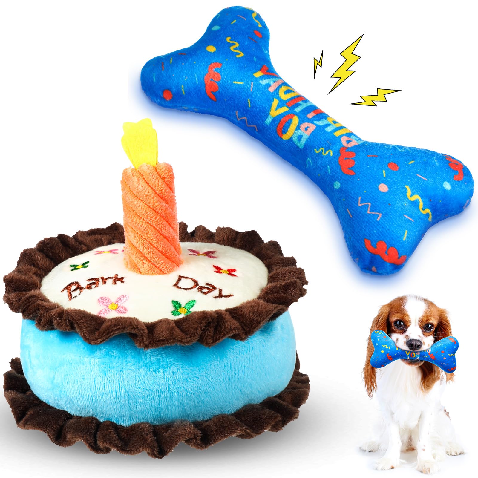 JellyArch 2 Pcs Dog Birthday Squeaky Toys Set Birthday Cake and Bone Toys Plush Stuffed Squeaky Gift for Small Medium Large Dogs(Cake Style)