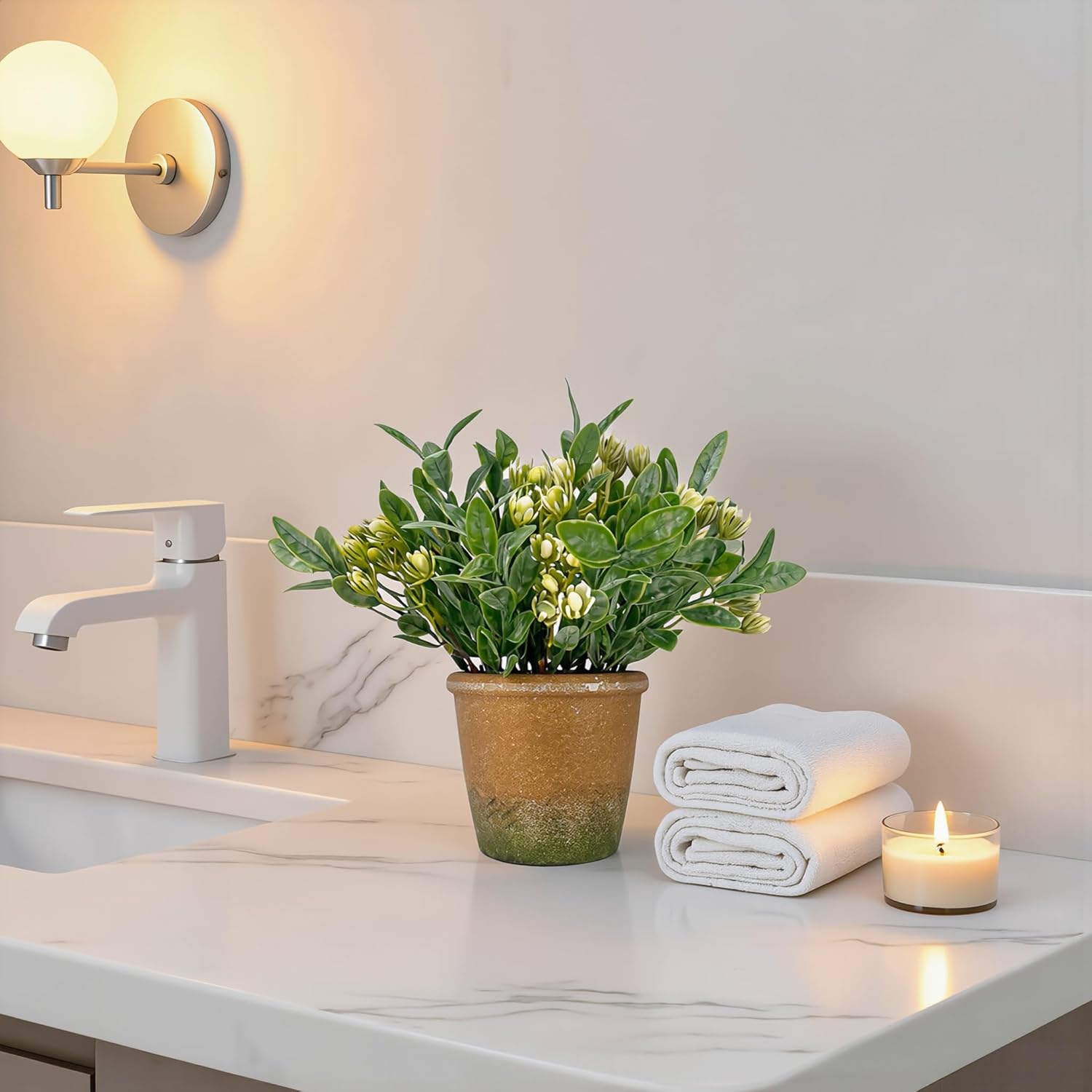 MONOID Small Artificial Potted Plant for Desk, Faux Greenery with Ceramic Look Pot, Mini Fake Plant for Office Shelf Bathroom Home Decor