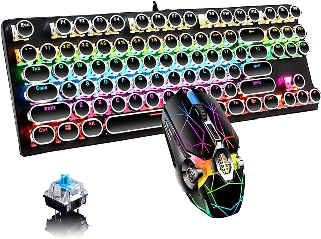 Retro Typewriter Keyboard and Mouse Combo,Black Mechanical Keyboard Blue Switch with 9 True RGB Backlight Modes, Cool Light Up Keyboard and Mouse for Gaming,Work,Mac,PC,Windows