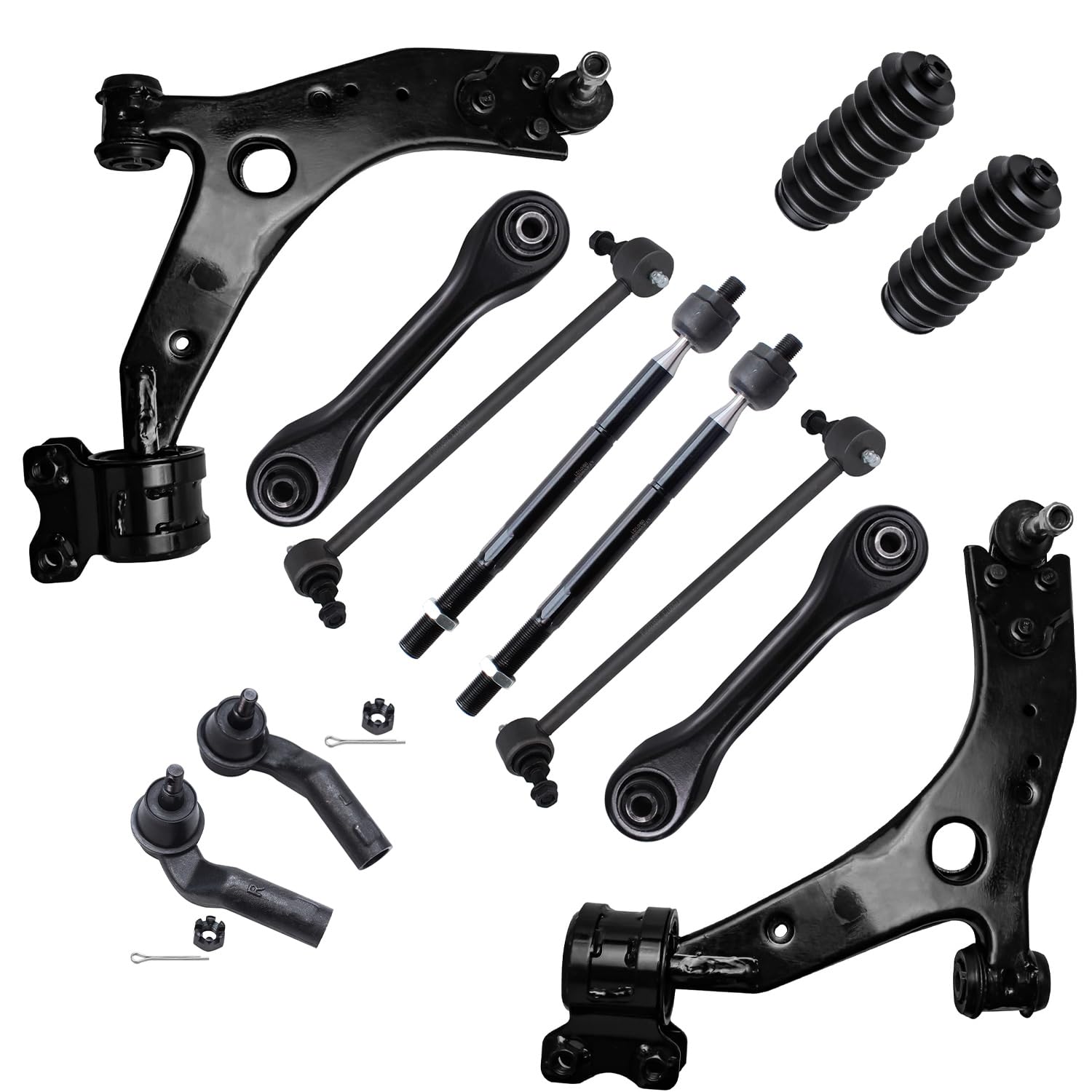 Detroit Axle - 12pc End Suspension Kit for 2007 2008 2009 Mazda 3, 2 Rear Lower Forward Control Arms 2 Front Lower Control Arms w/Ball Joints 4 Outer Inner Tie Rods 2 Boots 2 Sway Bars Replacement