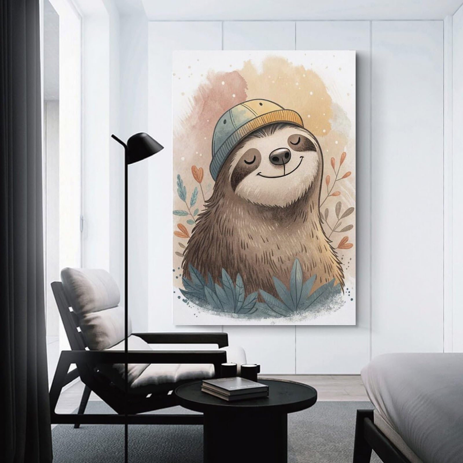 Junmoney Canvas Wall Decor Cute Sloth Wearing A Beanie, 24x36inch(60x90cm), for Bedroom Decor, Cosy Corners Or Studios, Decorative Wall Art for Cosy Rooms