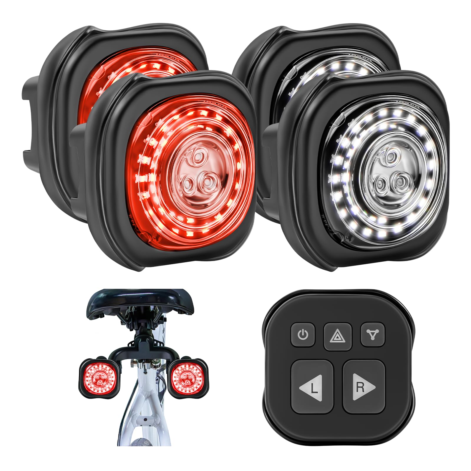 Smart Bike Lights System-Taillight,Headlight&Turn Signal,Sync Front&Rear Bike Light for Night Riding,3+2+1 Light Modes Rechargeable Bicycle Light with Remote Controller,IP67 Waterproof Day/Night Mode