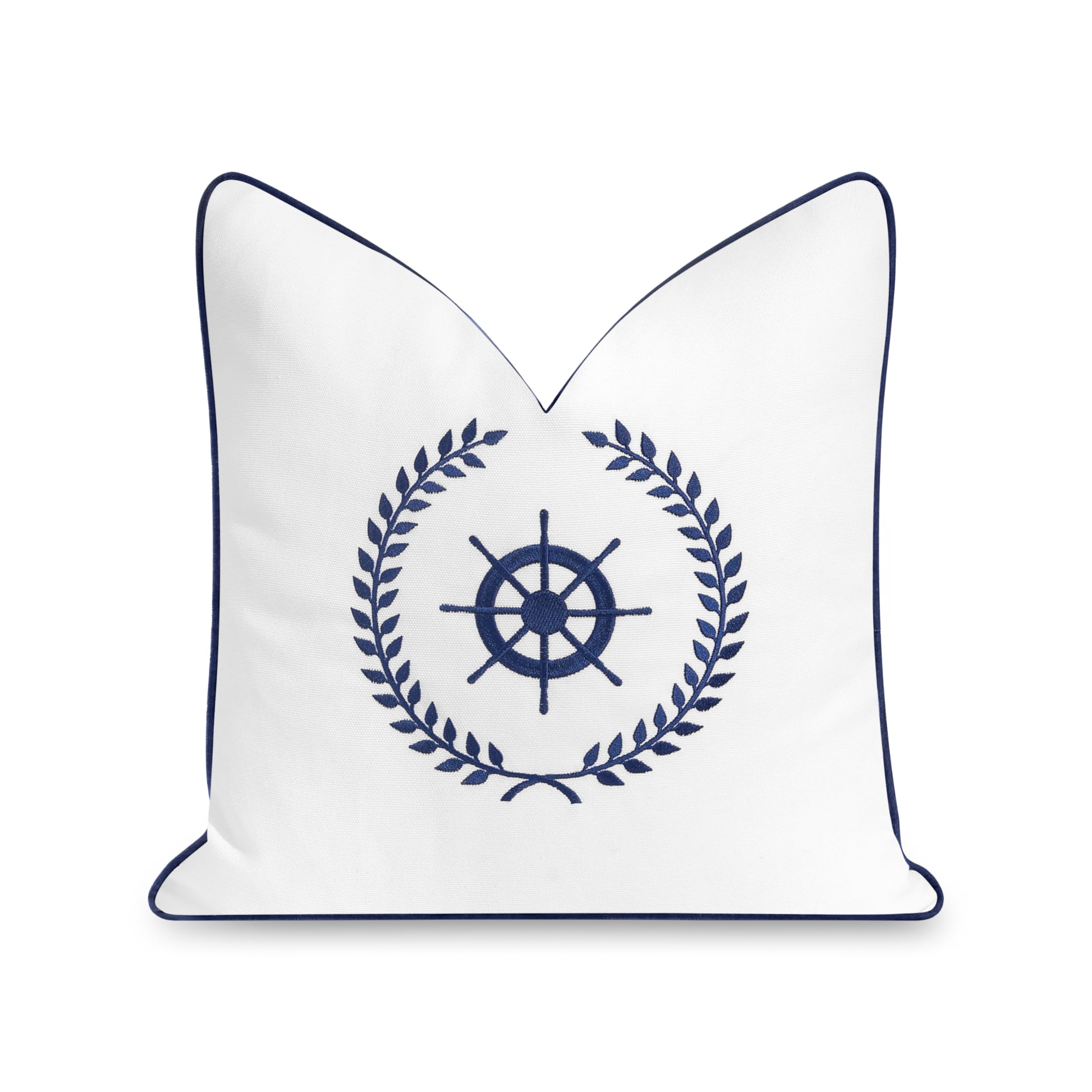 Hofdeco Premium Coastal Patio Indoor Outdoor Throw Pillow Cover Only, 18"x18" Water Repellent for Backyard, Couch, White Embroidered Nautical Yacht