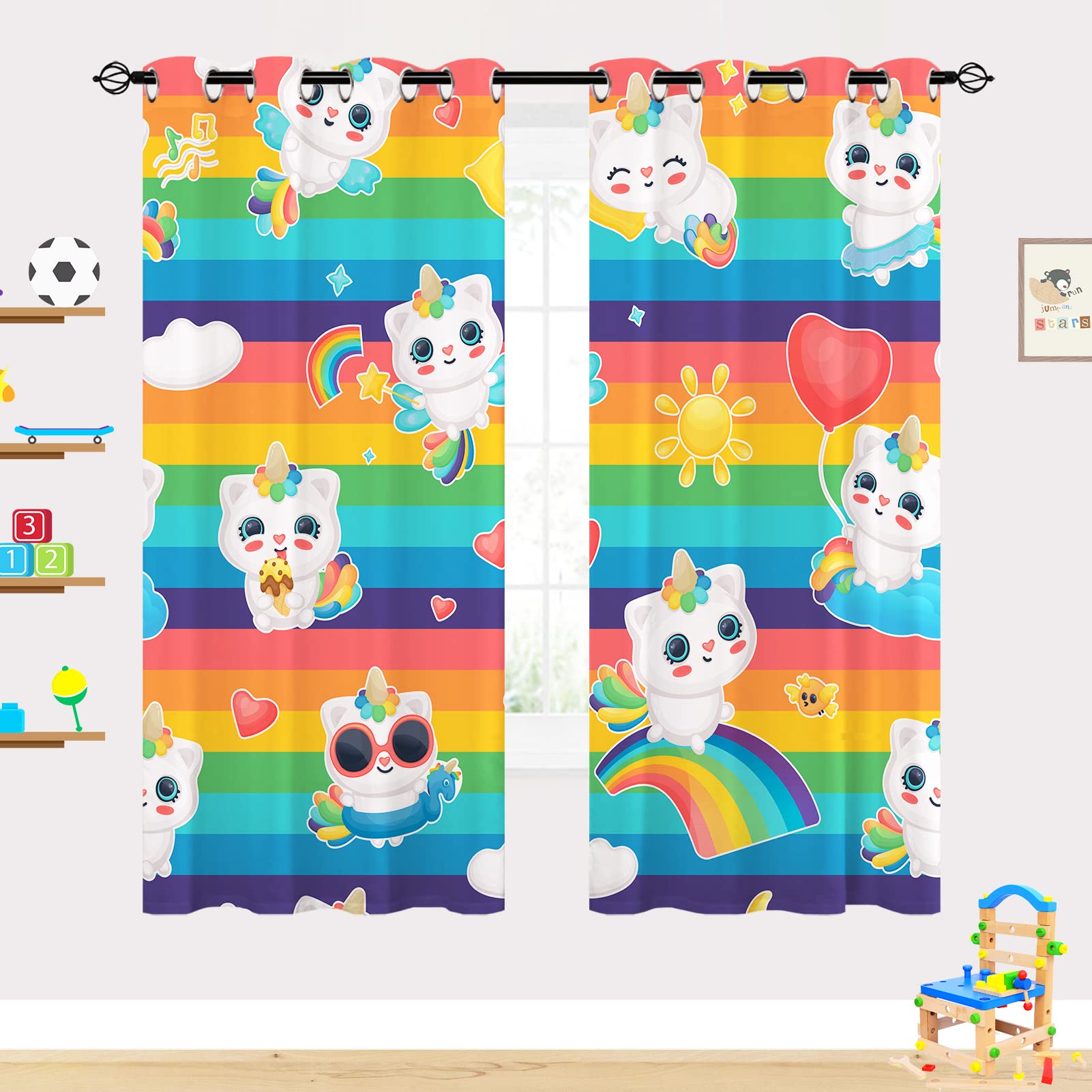 YUANZU Rainbow Cat Curtains - Kids Girls Colorful Fantasy Unicorn Horn Print Pattern Eyelet Blackout Thermal Insulated & Room Darkening Window Drapes for Bedroom Playroom 2 Panels W117cm x D183cm