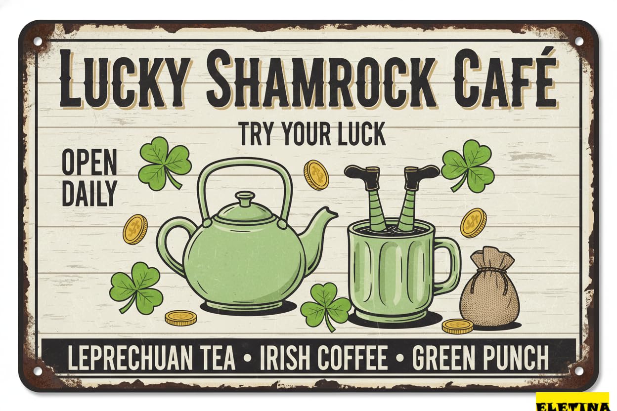 Vintage Metal Tin Sign Lucky Shamrock Cafe Irish Coffee Decor Home Wall 8x12 Inch