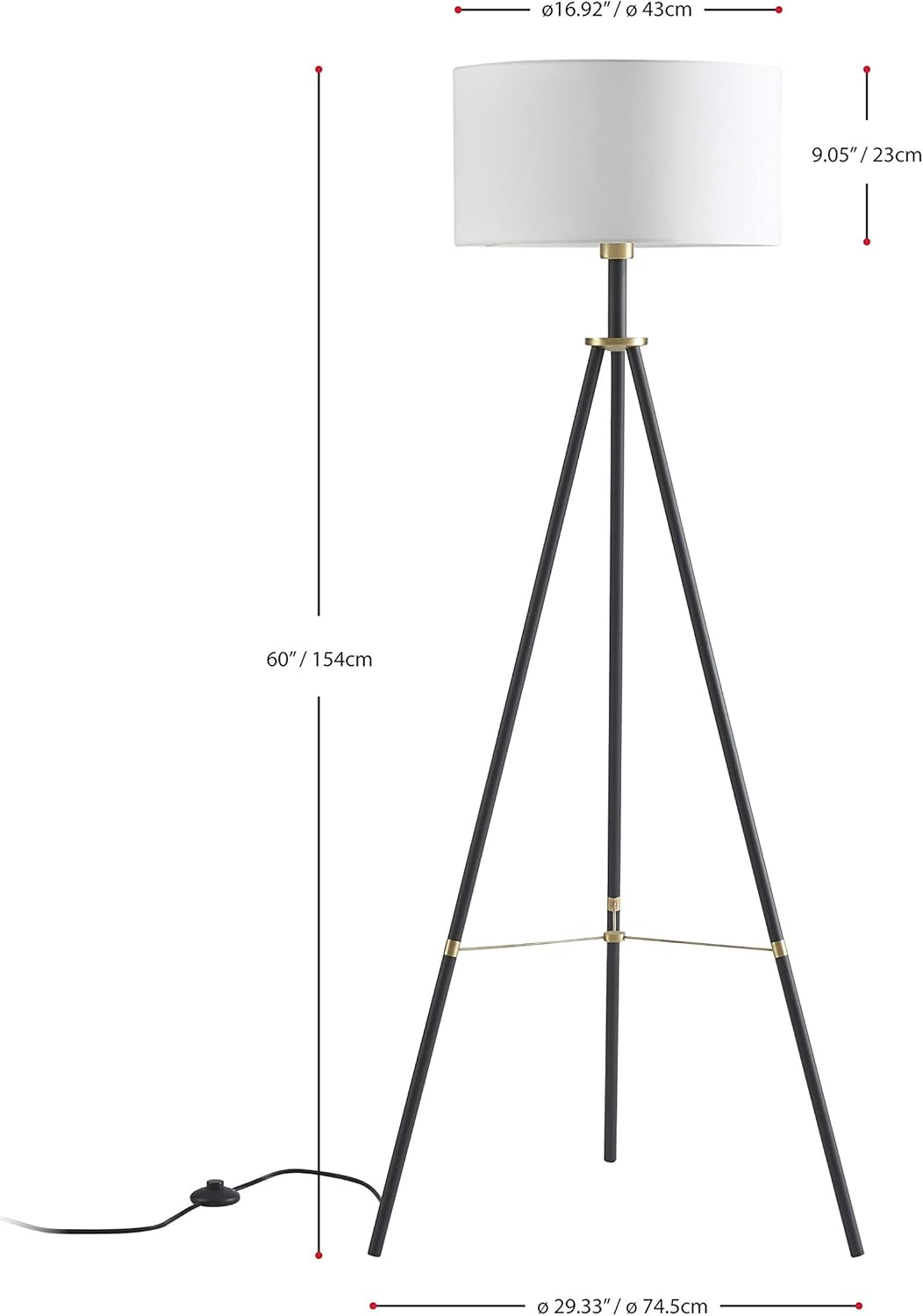 🛒 Crazy Deals ambiore. Tripod Floor Lamp with LED Bulb Miller - Standing Lamp for Mid-Century Living Room Stand Up Lamp - Contemporary Black Stand with Brass Touch & White Fabric Shade