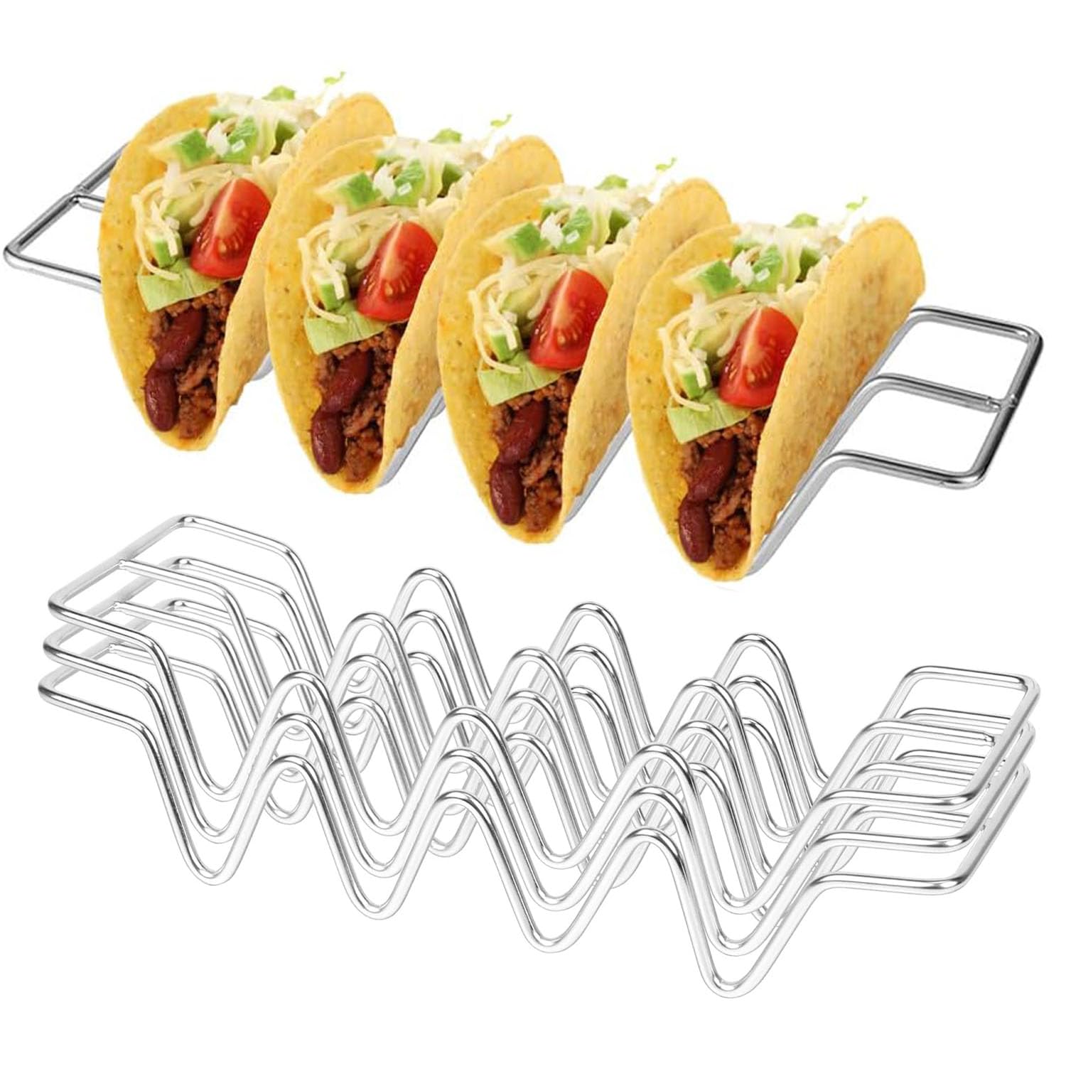 STOUCLA Taco Holder Mexican Taco Stand Stainless Steel Taco Stand Hotdog Holder Wave Shape Food Stand for Holding Tacos, Hotdog and Pancakes, for Family Parties, Pack of 3