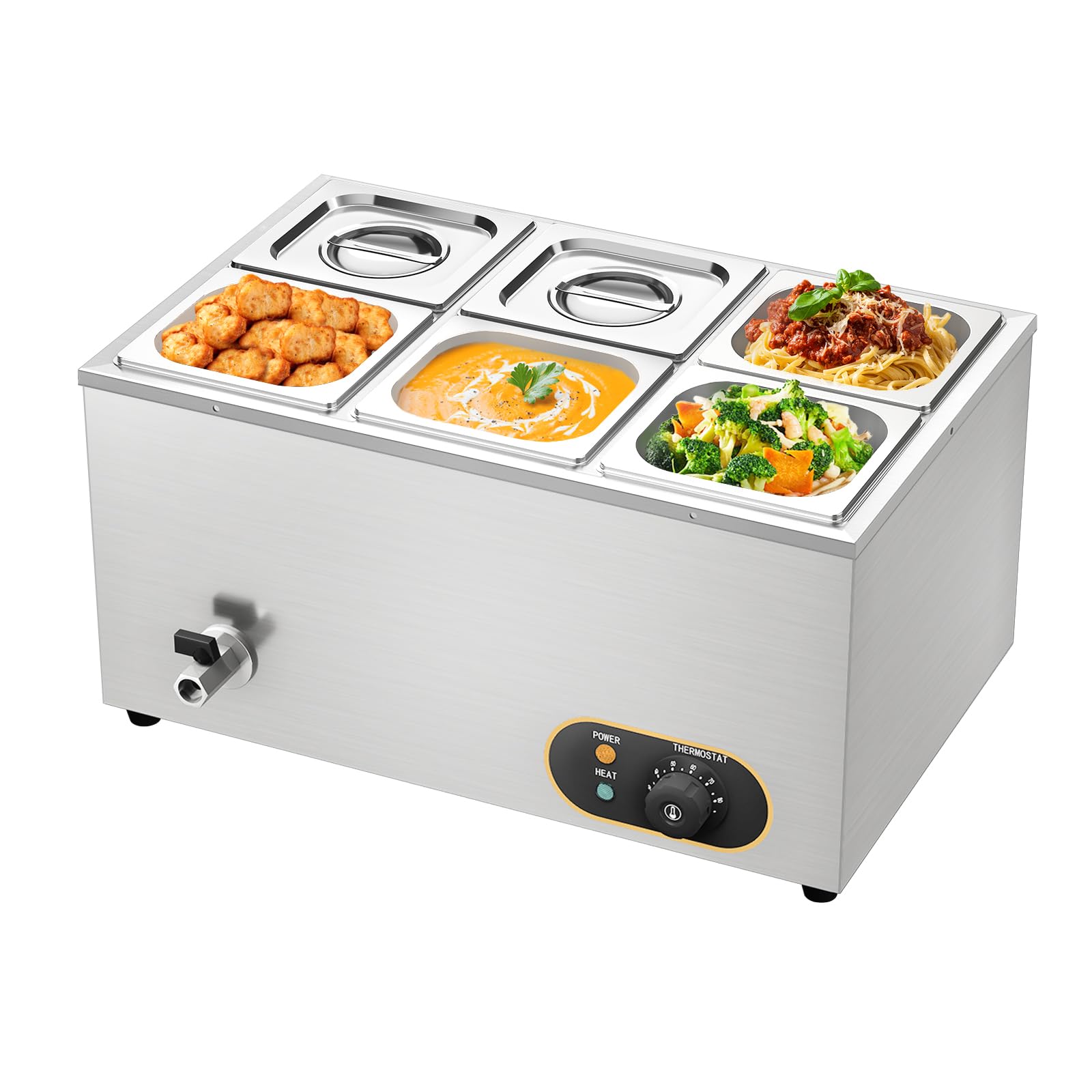 Bain Marie - Scaldavivande elettrico per bagnomaria, contenitori GN, 1/6 x 6 | Gastro scaldavivande in acciaio inox con rubinetto di scarico, scaldavivande elettrico per buffet, 6 contenitori