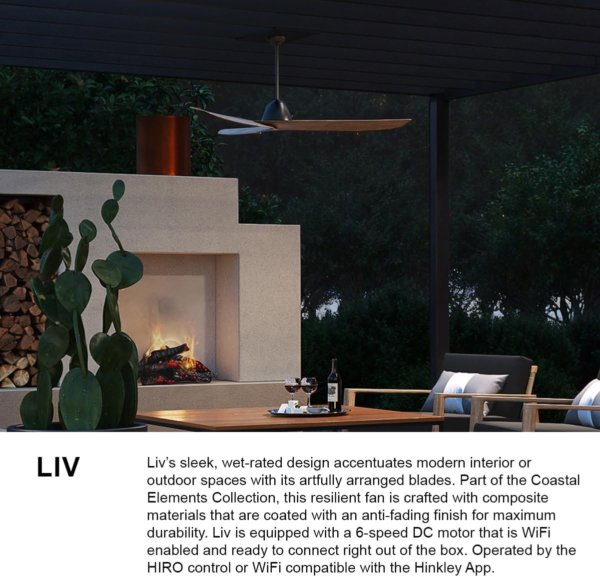 Hinkley Liv 60" Smart Fan, HIRO Remote, 6-Speed, Driftwood Blades, Matte Black Finish