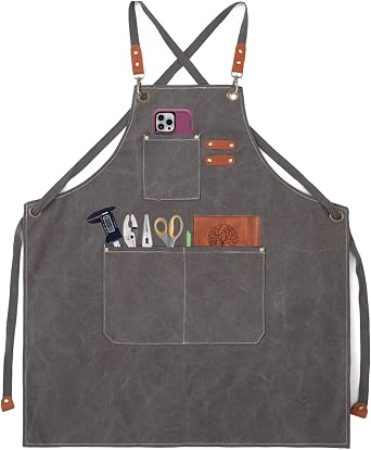 Chef Aprons with Tool Pockets, Cotton Canvas Cross Back Heavy Duty Adjustable Work Apron for Women/Men