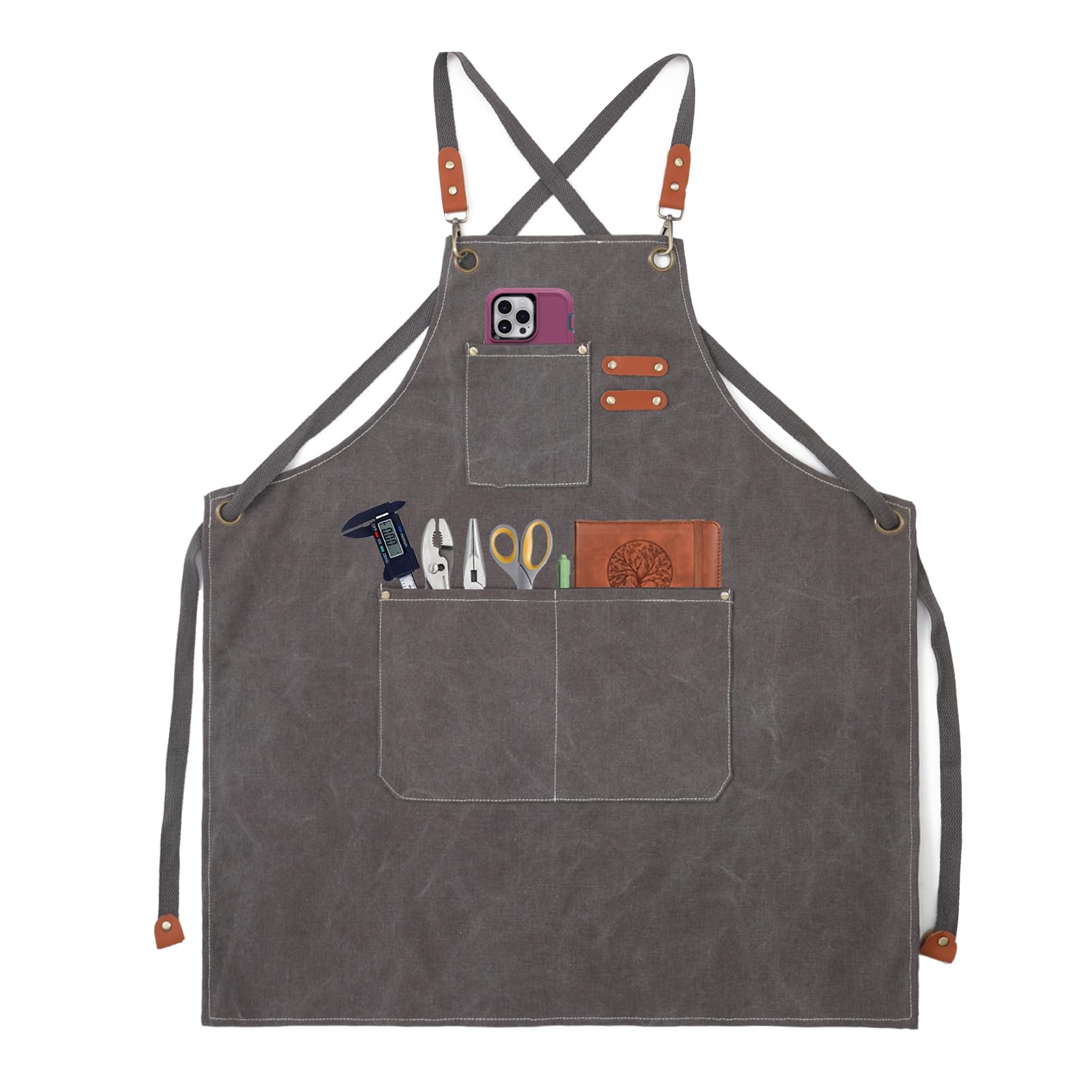 T TIGABEAR Chef Aprons with Tool Pockets, Cotton Canvas Cross Back Heavy Duty Adjustable Work Apron for Women/Men