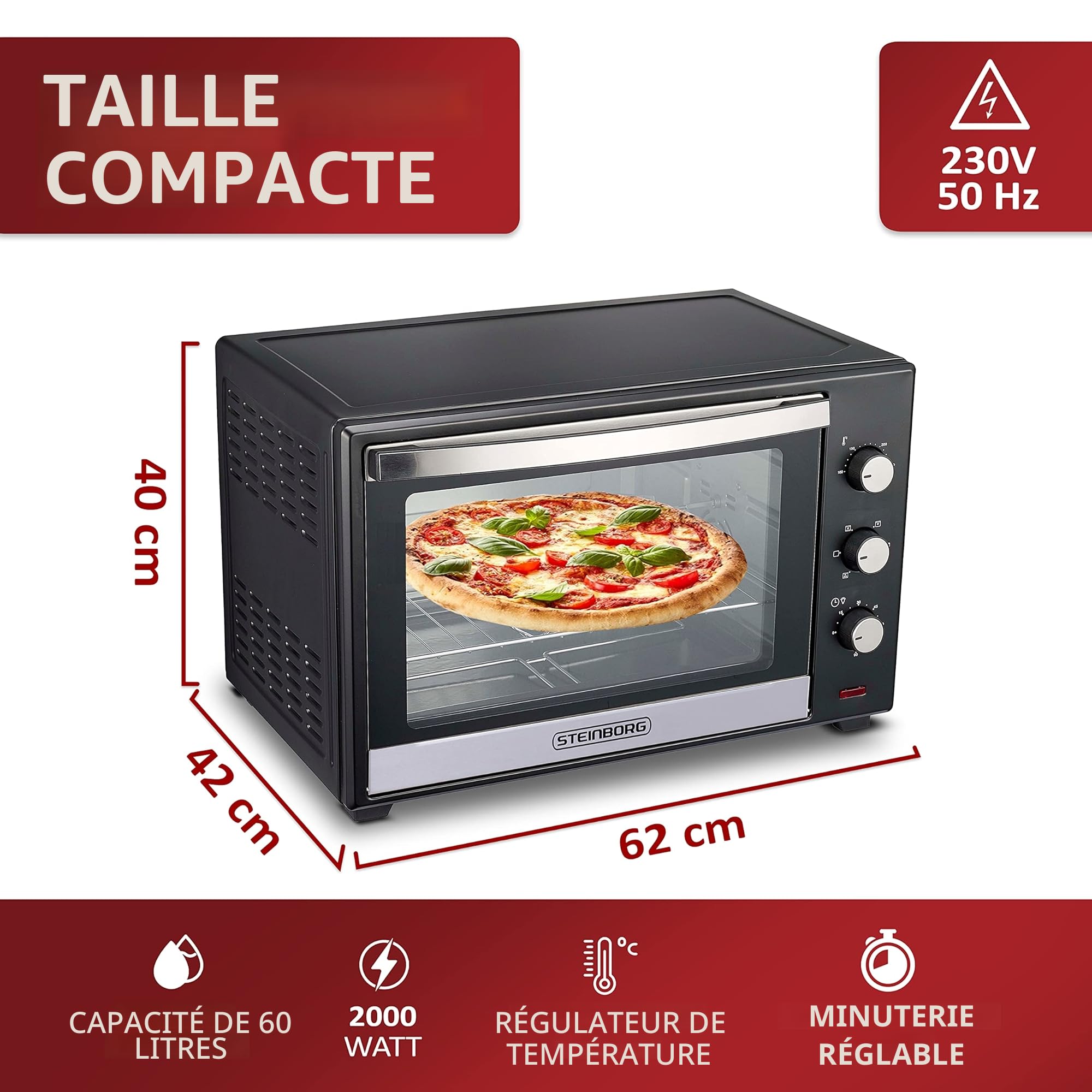 Steinborg Mini Four 60 Litres à Chaleur Tournante | Four à Pizza | Four Autonome