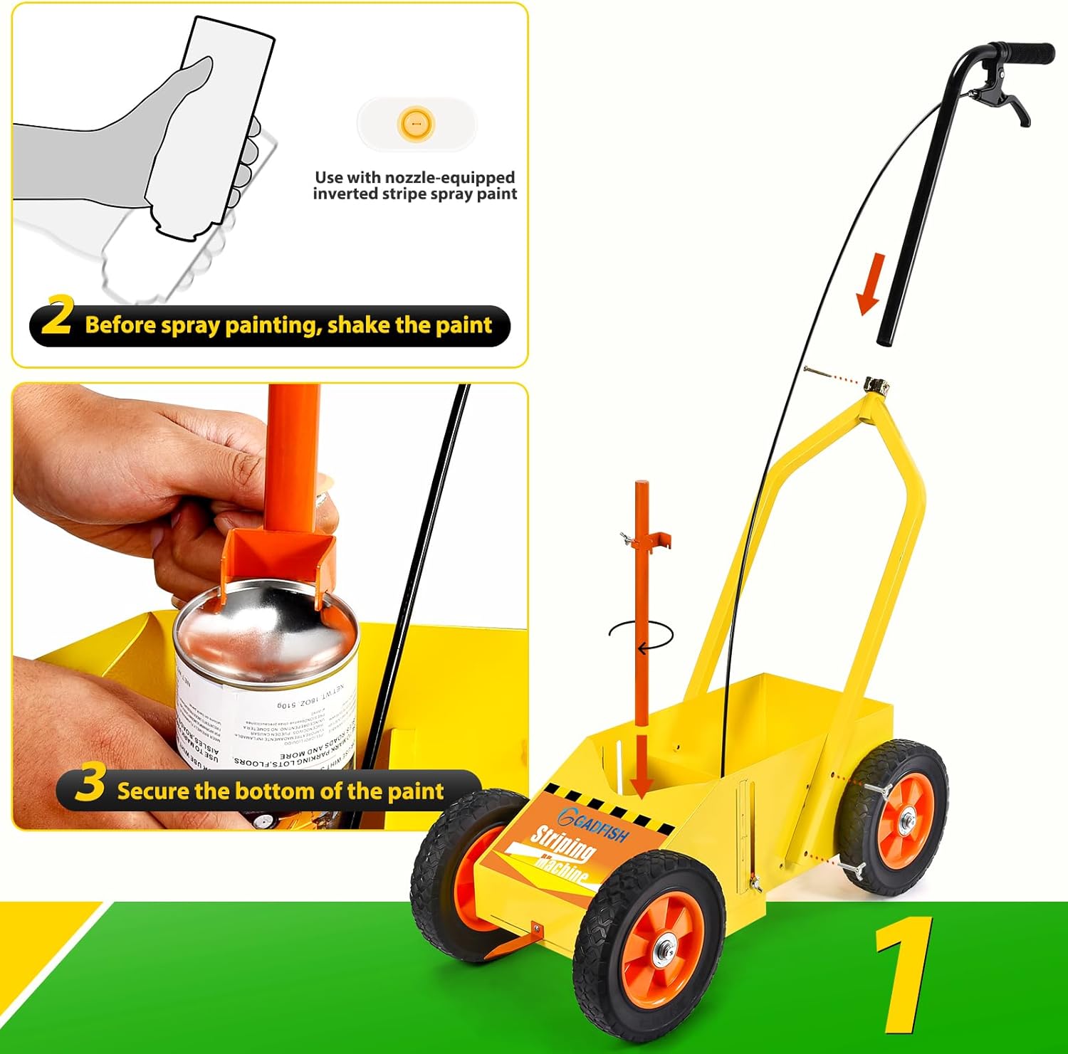 GADFISH Heavy Duty Striping Line Marking Machine, Compatible with Inverted Marking Spray Paint, Parking Lot Striping Machine for Fast and Accurate Marking, Line Striper - Yellow