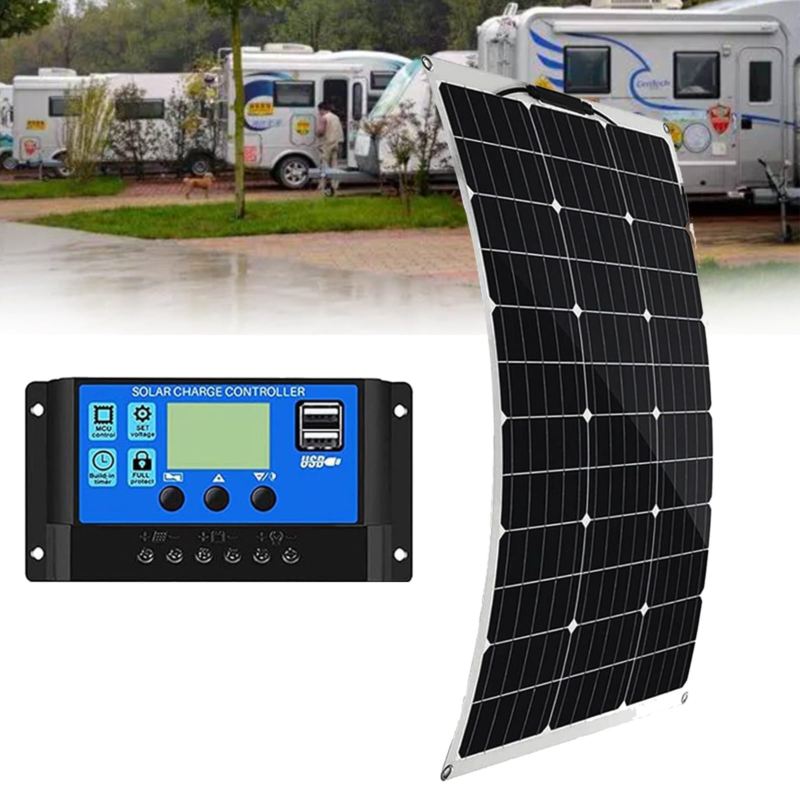 Panel Solar 500W 1000W Panel Solar Monocristalino Flexible Ultra Ligero Ultra Delgado Impermeable Cargador Solar para Autocaravana, Techo, Caravana, Barco y Superficies Desparejas(1x500W)