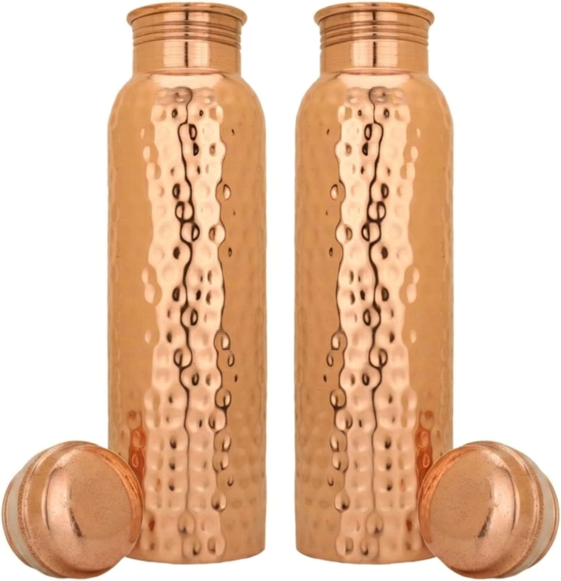 Pure Copper Water Bottle Set of 2 (950ml Each) | Hammered Finish, Jointless & Leak-Proof Copper Vessel for Gym, Office, Yoga and Ayurvedic Health Benefits, Natural