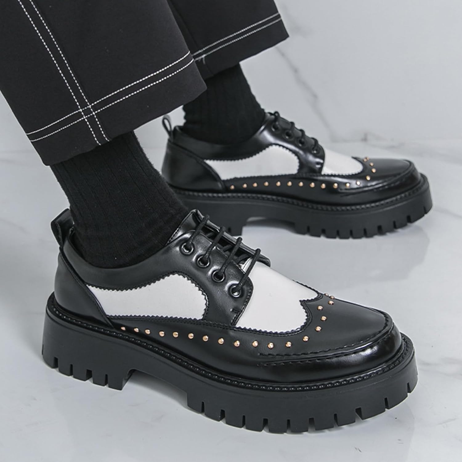 Men's Leather Platform Rivets Dress Shoes Causal Round Toe Thick Lug Sole Lace Up Oxfords Comfort Block Heel Derby Business Shoes - Image 6