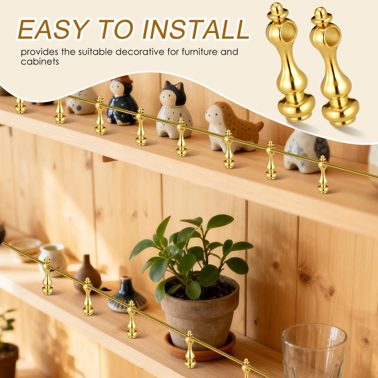 8Pcs Railing Bracket Spindles, Gallery Rails for Shelves Furniture Connectors, Metal Post End Caps, Brass Color Shelf Rail Brackets Cabinets Gallery Spindles for Railing, Bar Cart and Cabin