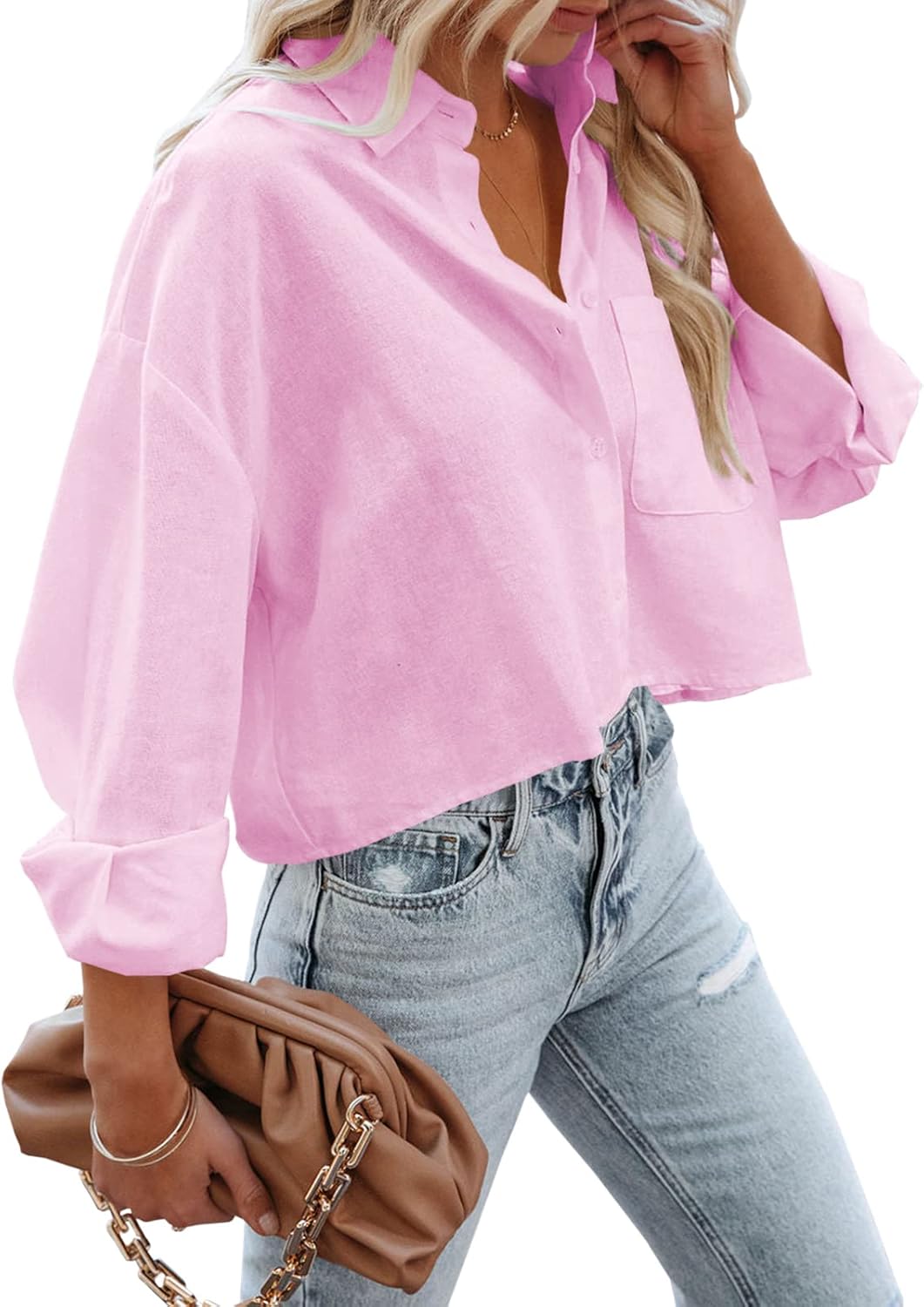 Tankaneo Womens Button Down Cropped Shirts Long Sleeve Casual Crop Tops Solid Lapel Blouse Shirt with Chest Pocket - Image 4