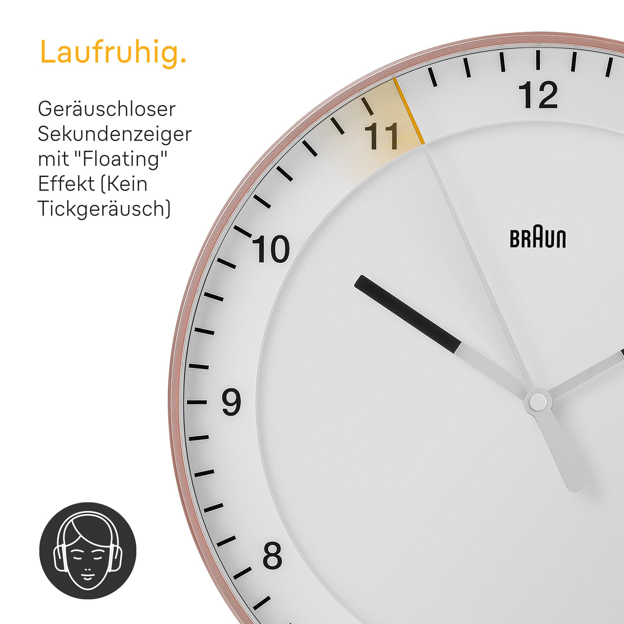 Braun Klassische große analoge Wanduhr geräuschlosem Sweep-Uhrwerk, leicht ablesbar, 30 cm Durchmesser in Rosé und Weiß, Modell BC17PW.