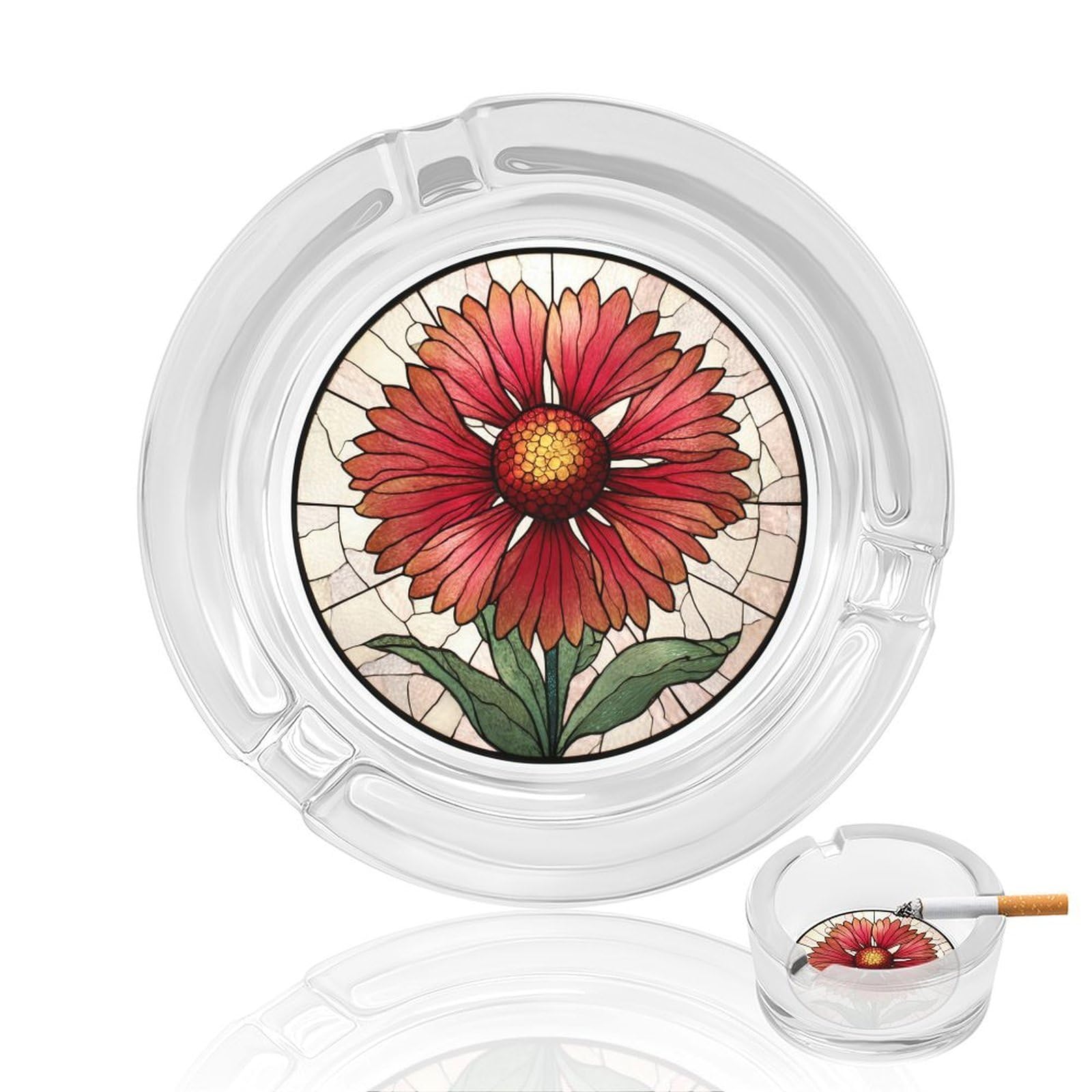 Stained Glass Indian Red And Pink Wildflower Glass Ashtray for Cigarettes Portable Decorative Ash Trays for Home Office Decor