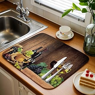 Absorbent Dish Drying Mat, Farm Red Wine Grapes Wine Barrel Kitchen Counter Mat Dish Drying Pad Set of 1, Vintage Brown Wood Board Washable Microfiber Dishes Drainer Mats