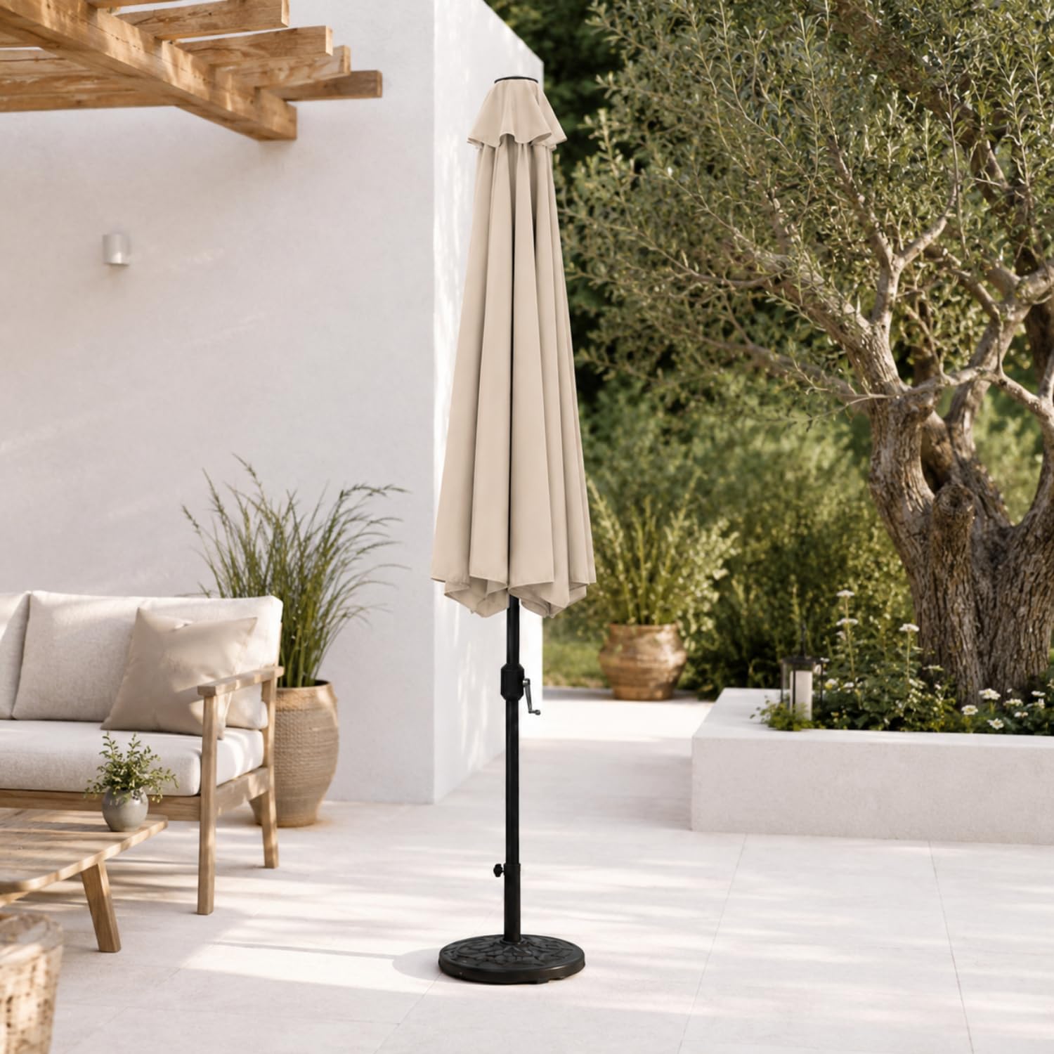 Ombrellone Quadrato Da Giardino Con Tela Resistente In Poliestere Cotone Apertura A Manovella Supporto In Acciaio Per Terrazzo Patio Bordo Piscina Zona Relax 3x3 Metri Tortora