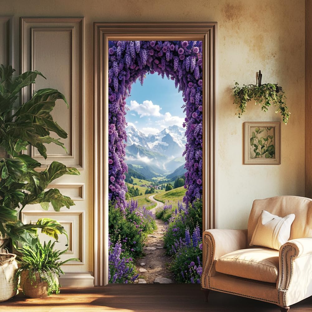 arricraft 2 Pcs Purple Flower Theme Self-Adhesive Door Sticker, 31.5"x78.7" Mountain View Decorations Door Murals Stickers PVC Removable Wallpaper Decoration for Bedrooms Living Room