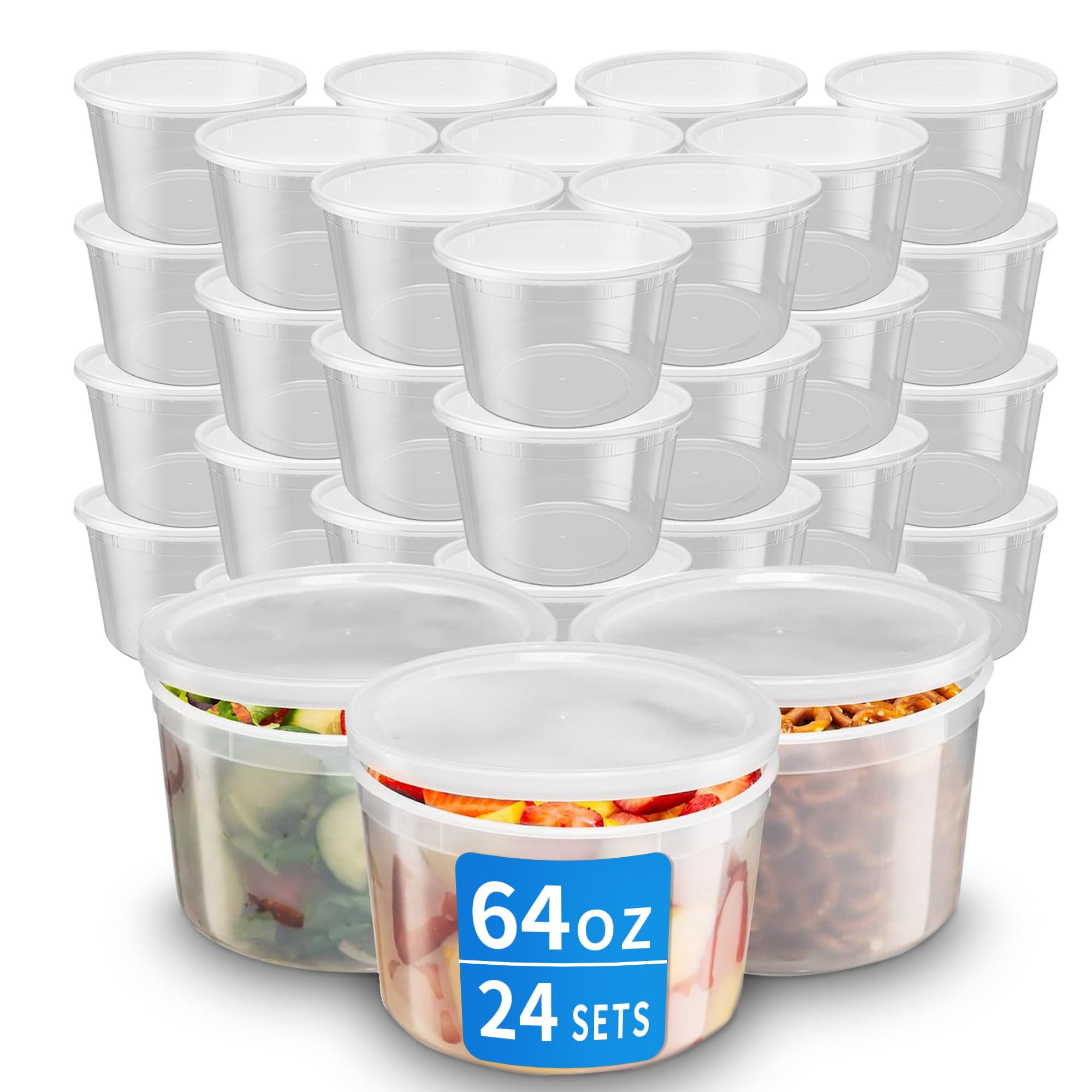 Plastic Deli Containers with Lids, 24 Sets 64oz
