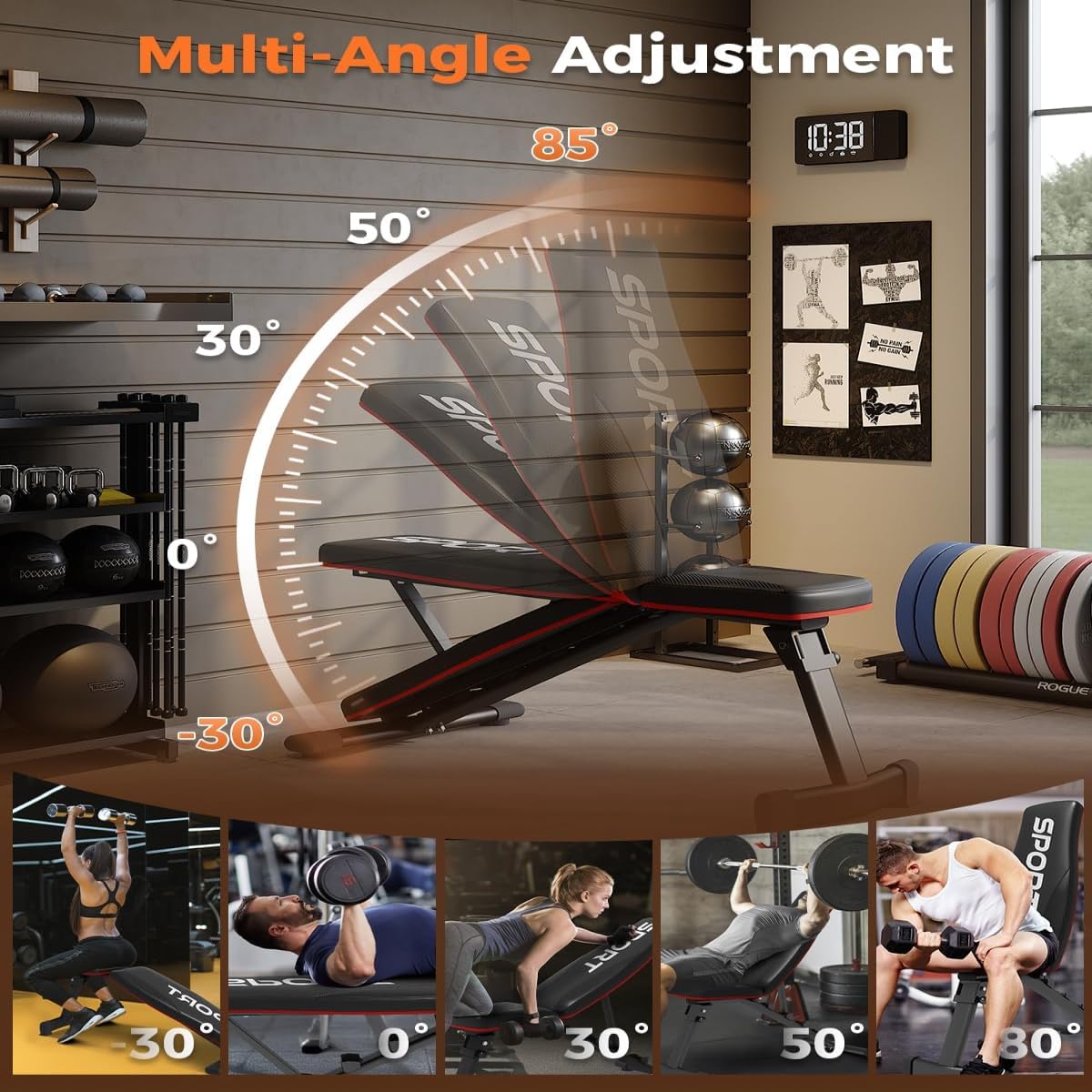 Banco de musculación plegable y ajustable para gimnasio en casa – Capacidad 300 kg – 5 posiciones del respaldo (inclinado, declinado, plano) – Plegado rápido en 2-3 segundos – Ahorro de espacio