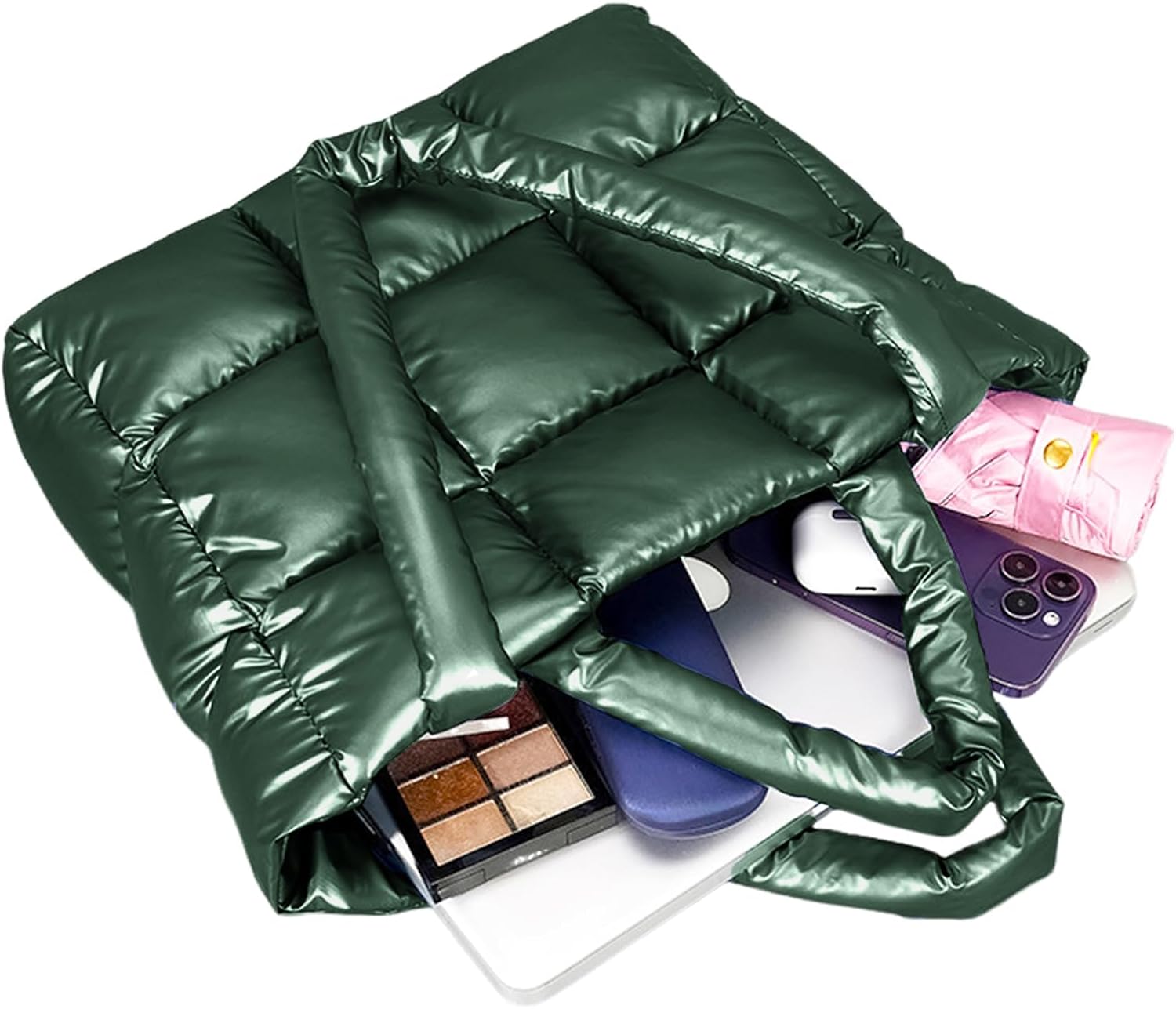 Puffer Tote Bag, Crossbody Bags for Women, Soft Lightweight Puffer Bag With Compartments, Large Quilted Tote Bag Suitable for Travel Gym Work(Green) - Image 7