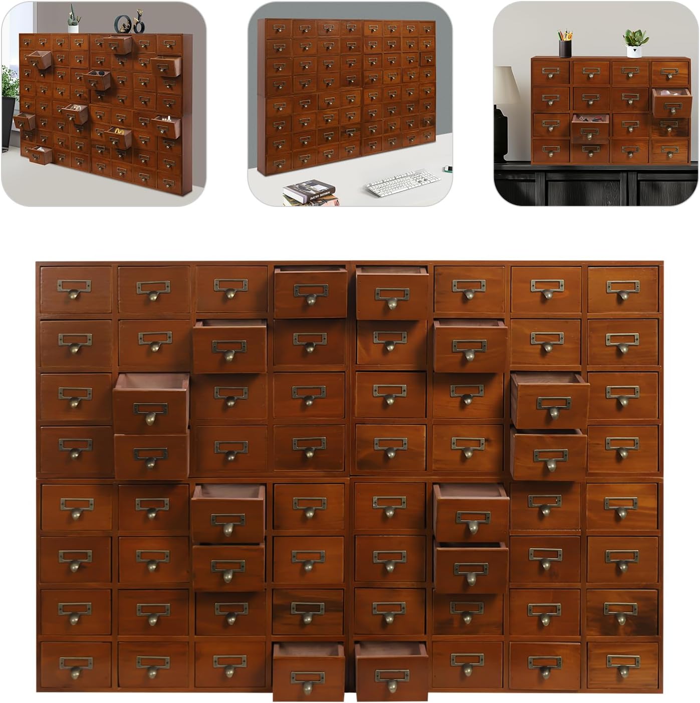 64-Drawer Wooden Storage Box, Traditional Apothecary Curio Cabinet, Library Card Catalog Cabinet Herb Storage Box w/Label Holders Handles