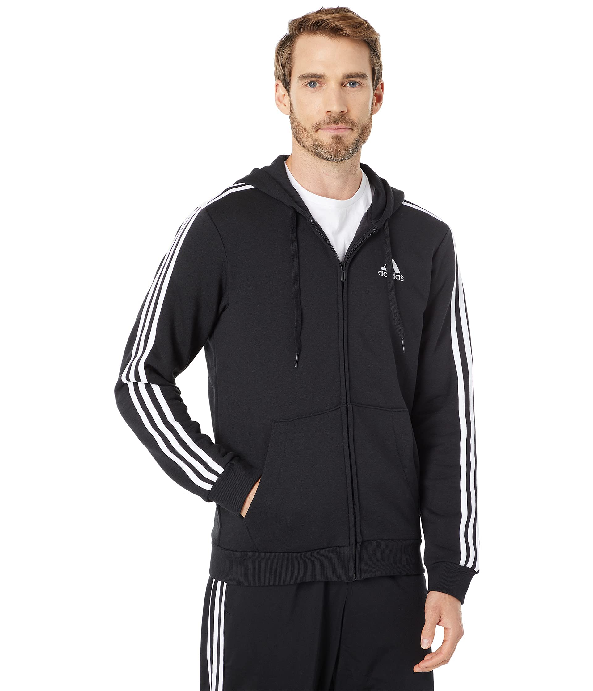 adidas Men's Essentials Fleece 3-Stripes Full-Zip Hoodie, Black, X-Large, Black, XL