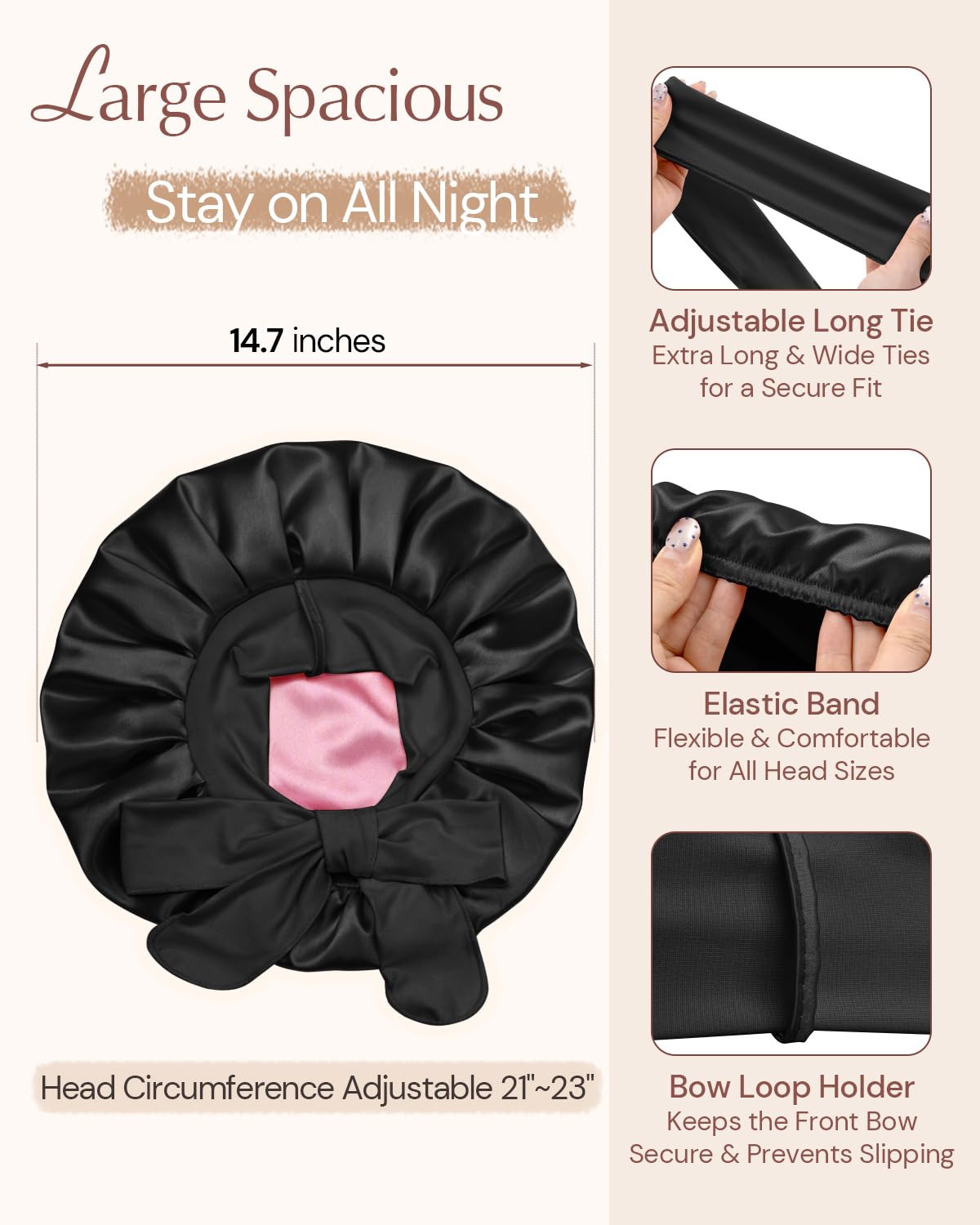 BONNET QUEEN Silk Bonnet for Sleeping Women Hyaluronic Acid Infused Satin Bonnet for Curly Hair Double Layer Hair Wrap Adjustable Sleep Cap with Tie Band & Scrunchie, Black & Rose 3