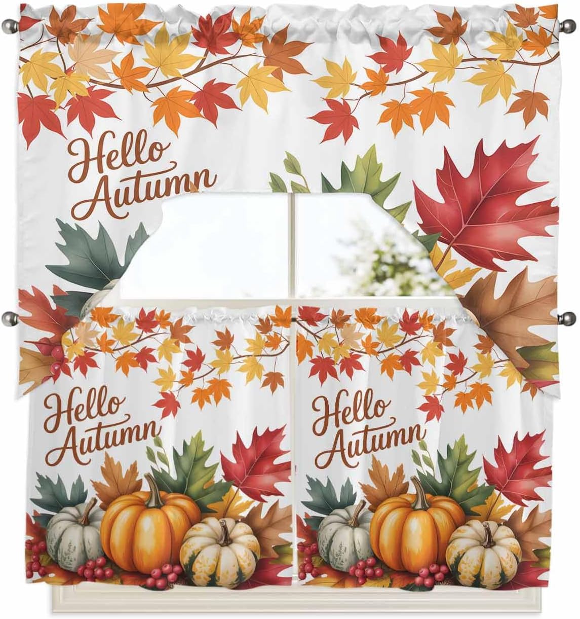 Swag Kitchen Curtains Valance and Tiers Set 24 Inch Fall Thanksgiving Hello Autumn Orange Pumpkin Maple Leaf Rod Pocket Swag Curtains Window Drapes for Living Room Bedroom Bathroom, 3 Pieces