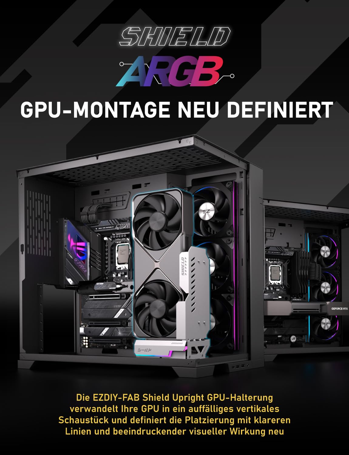 EZDIY-FAB Shield ARGB Aufrechte GPU-Halterung mit PCIe 5.0 Riser–Vertikalhalterung für RTX 50 Serie, 20 Grad verstellbarer Winkel, Magnetisch & Lüfterschlitz Installation, 5V ARGB-Sync – Weiß 600mm