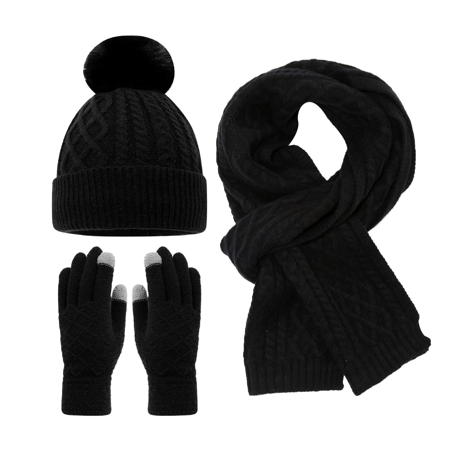 Generisch Ensemble d'hiver unisexe 3 pièces avec motif tressé, bonnet à pompon, écharpe et gants pour écran tactile | Ensemble d'accessoires chauds en tricot